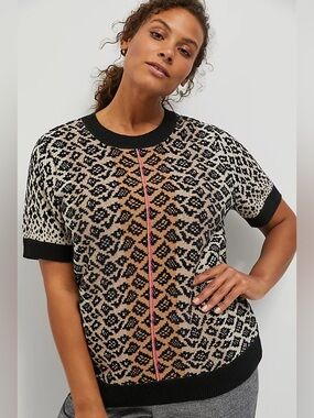 Anthropologie Maeve Black Tan Textured Knit Top animal print u Impresa